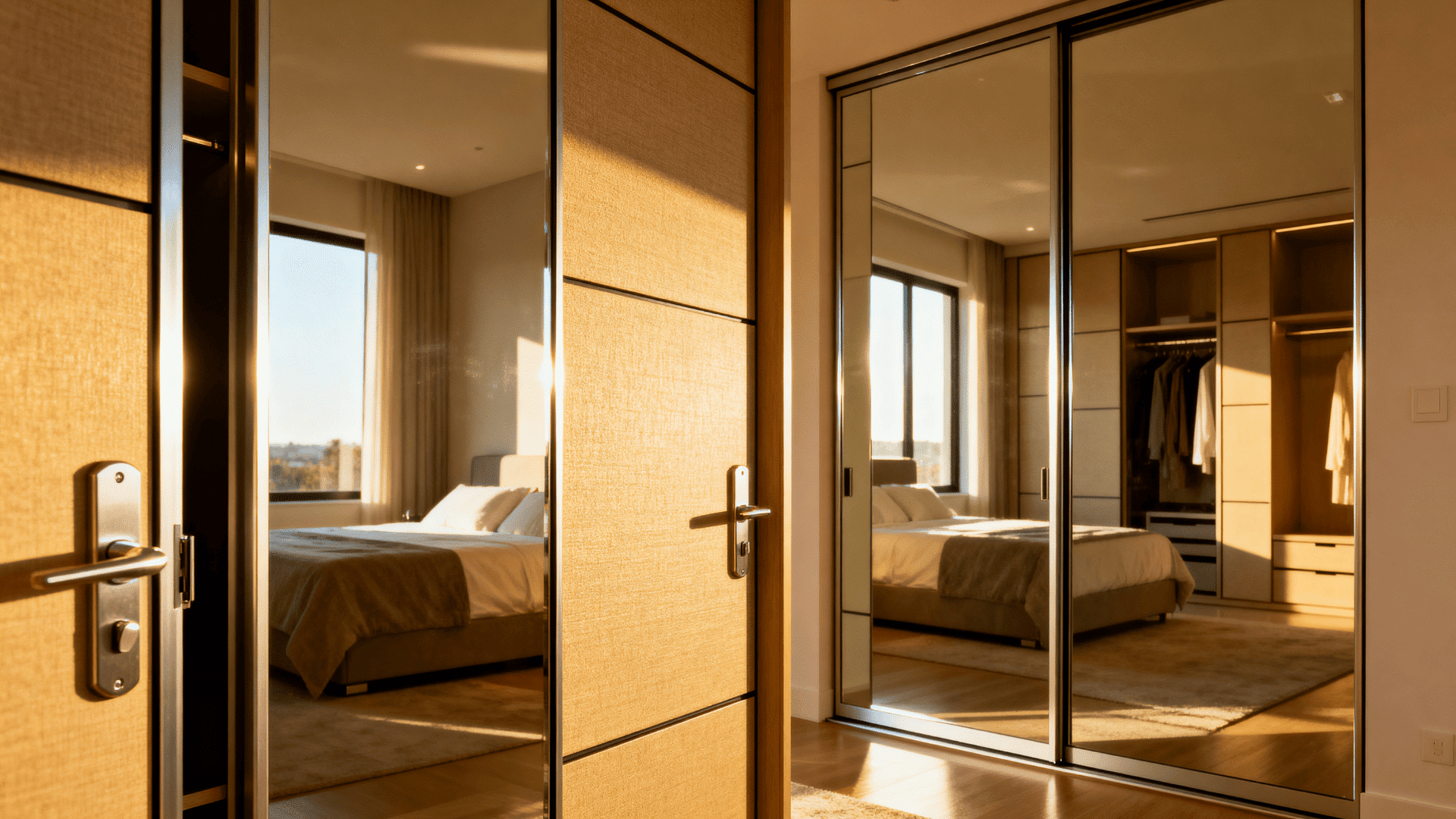 Modern bypass sliding doors with mirrored panels reflecting a sunlit bedroom, sleek design with warm tones and built-in closet storage