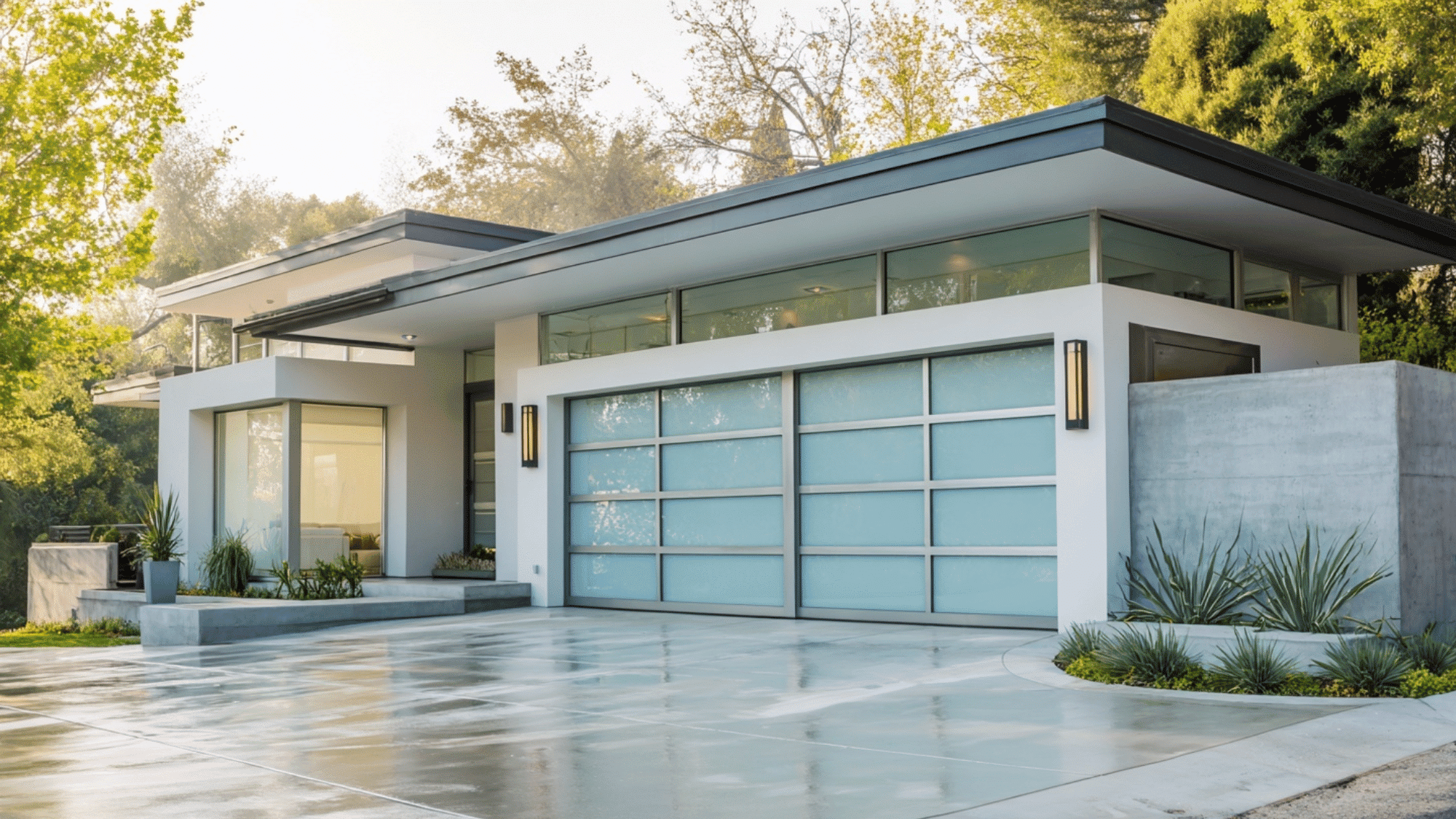 Modern garage with stylish glass doors and bright natural light.
