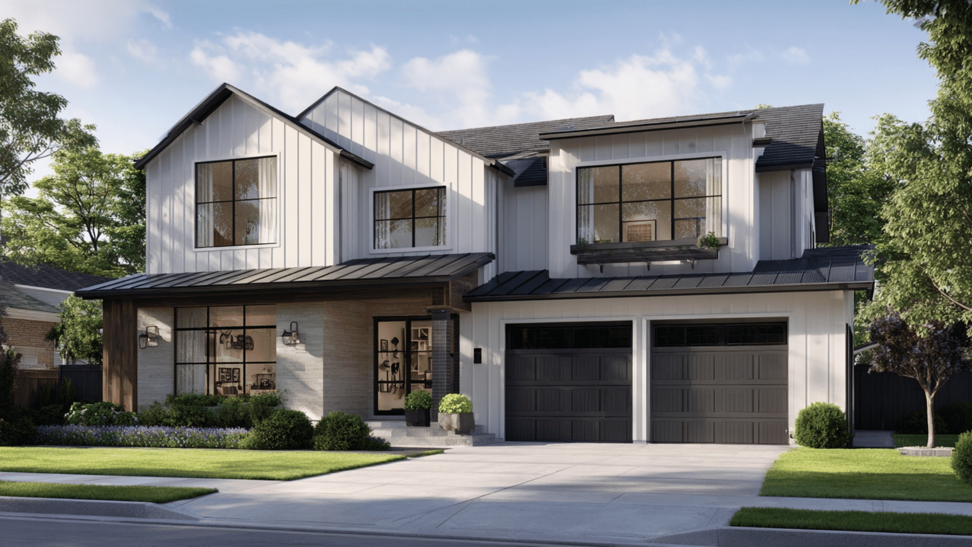 Modern home with a clean two-car garage addition and wide doors for family vehicles.