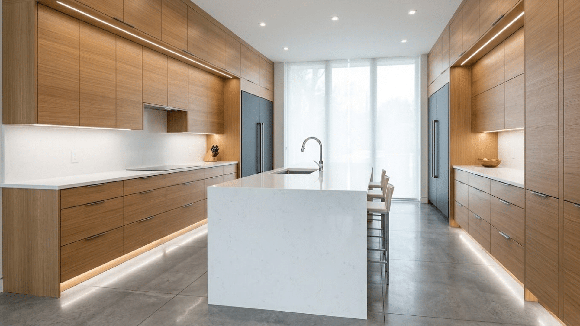 Modern kitchen with full overlay cabinets and smooth flat panel doors covering the frame