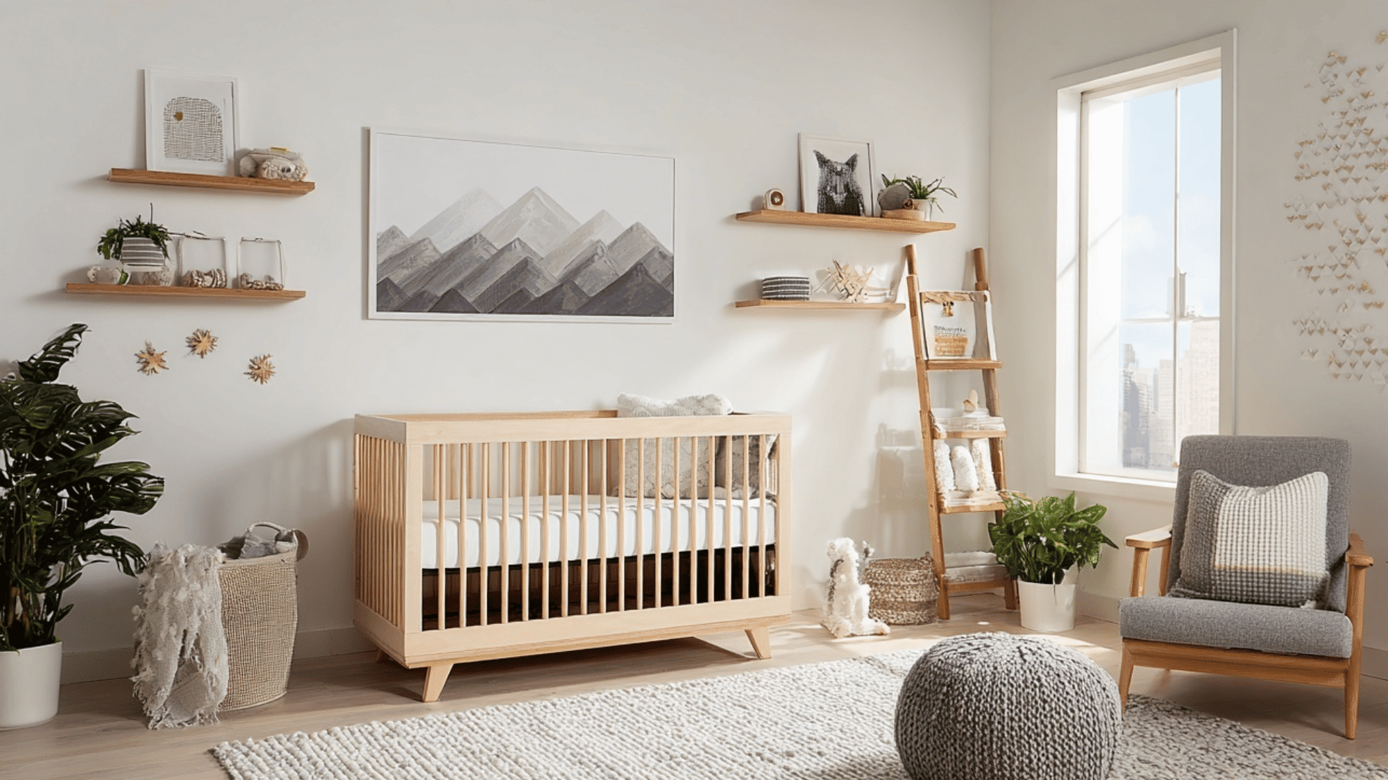 Modern minimalist nursery with white walls, wood crib, and simple decor.