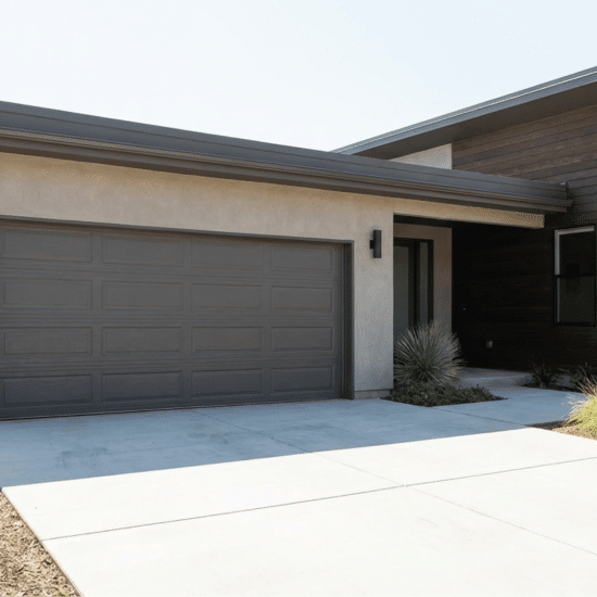 Modern single-story home featuring a stucco facade, dark wood siding, a gray garage door, and xeriscaping in the front yard.