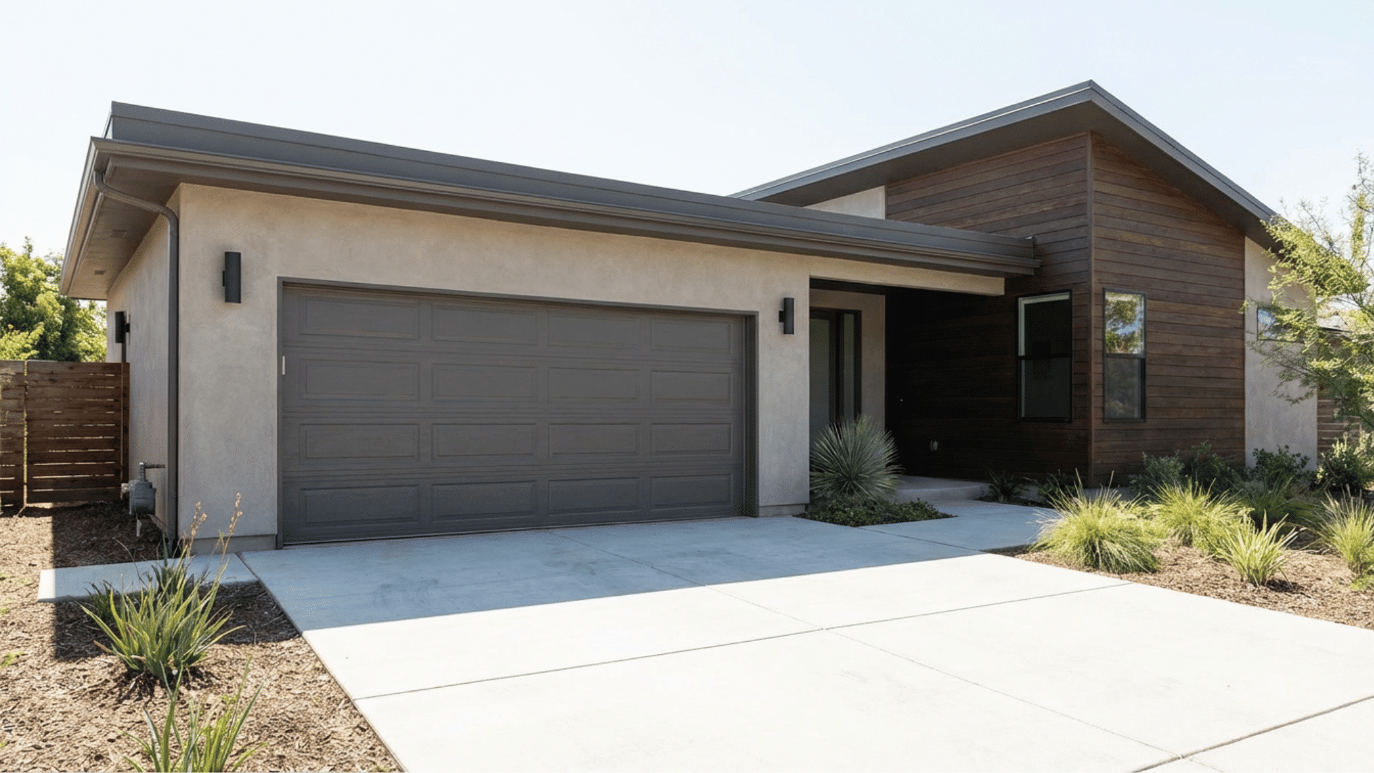 Modern single-story home featuring a stucco facade, dark wood siding, a gray garage door, and xeriscaping in the front yard.