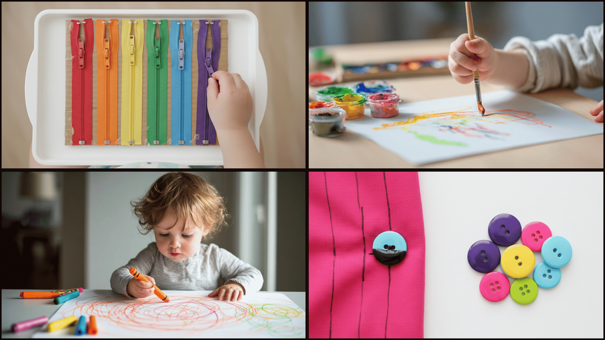 Montage of four images showcasing early childhood fine motor skills activities including working with rainbow zippers, painting, drawing with a crayon, and buttons.