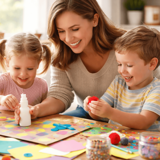 Mother doing colorful DIY crafts with two toddlers at a table, smiling and helping as kids play with glue, paper, and pom-poms.
