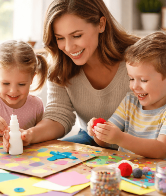 Mother doing colorful DIY crafts with two toddlers at a table, smiling and helping as kids play with glue, paper, and pom-poms.