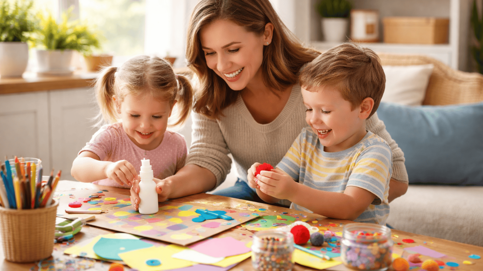 Mother doing colorful DIY crafts with two toddlers at a table, smiling and helping as kids play with glue, paper, and pom-poms.
