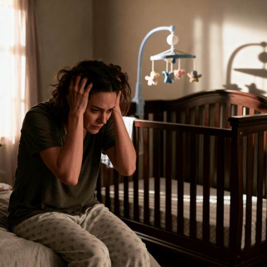 Mother experiencing postpartum rage sits on bed gripping her head in a dim nursery, surrounded by baby items, showing intense emotional overwhelm and early motherhood stress
