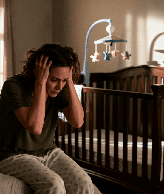 Mother experiencing postpartum rage sits on bed gripping her head in a dim nursery, surrounded by baby items, showing intense emotional overwhelm and early motherhood stress