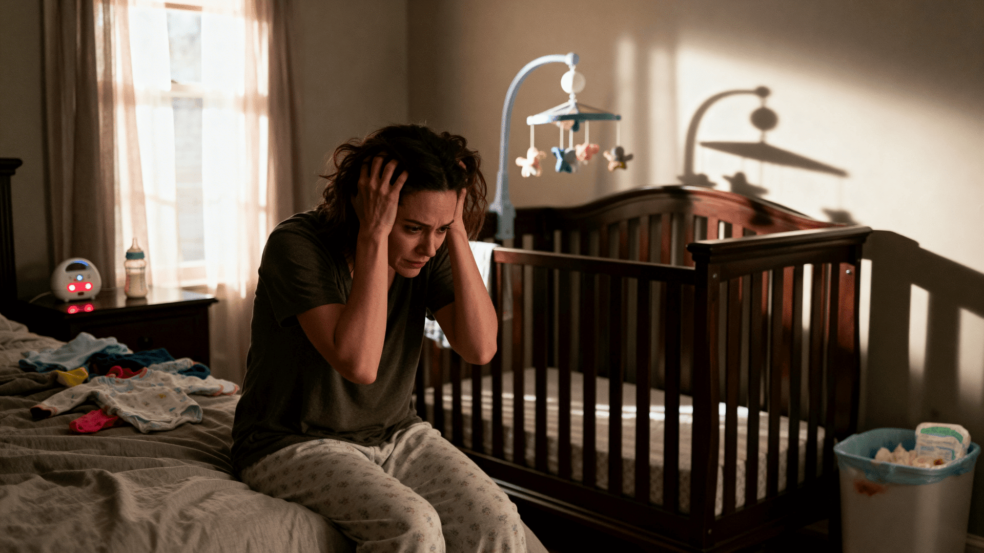 Mother experiencing postpartum rage sits on bed gripping her head in a dim nursery, surrounded by baby items, showing intense emotional overwhelm and early motherhood stress