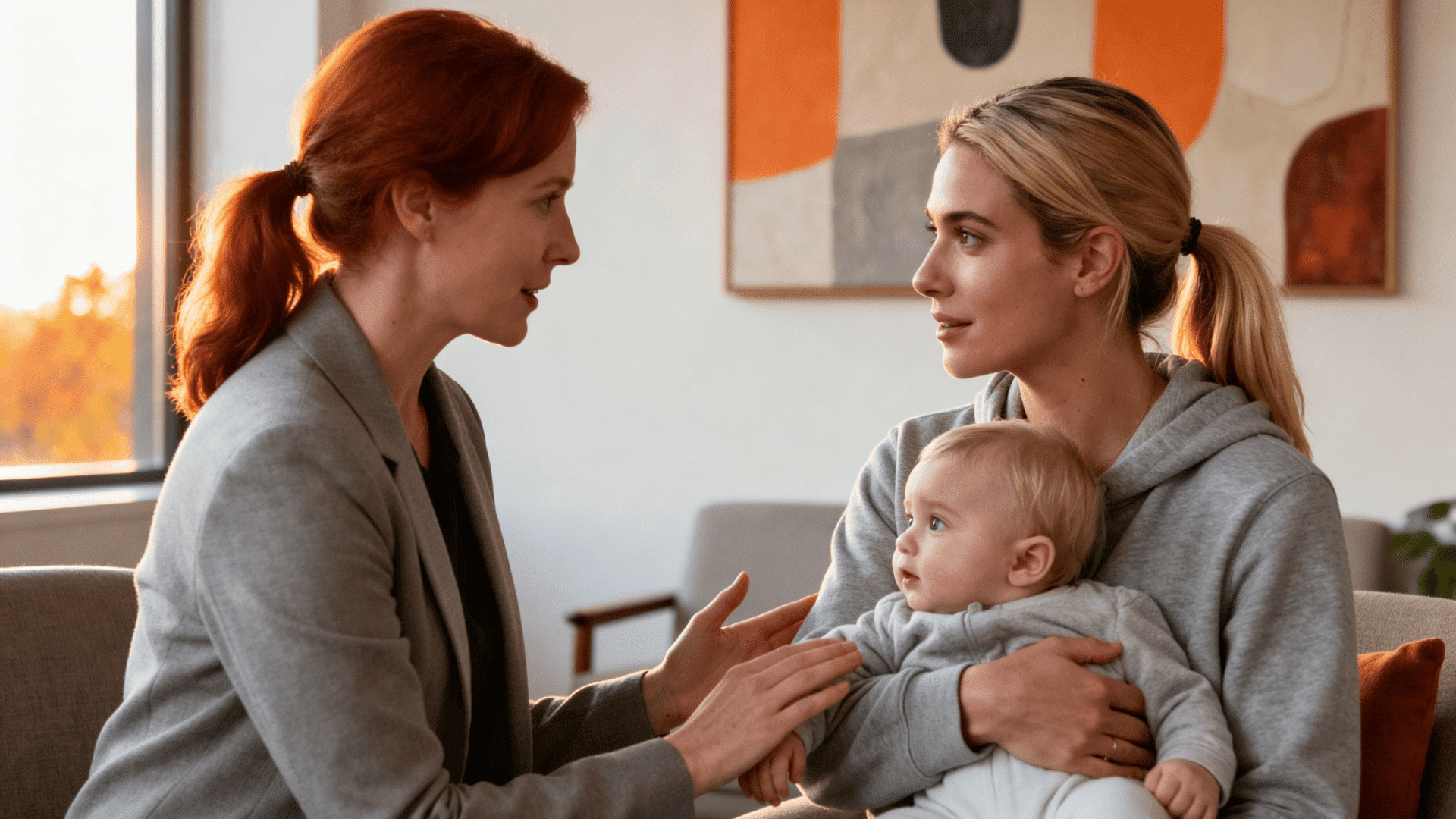 Mother holding her baby during a calm therapy session, listening attentively as a therapist offers support in a warm, safe setting.