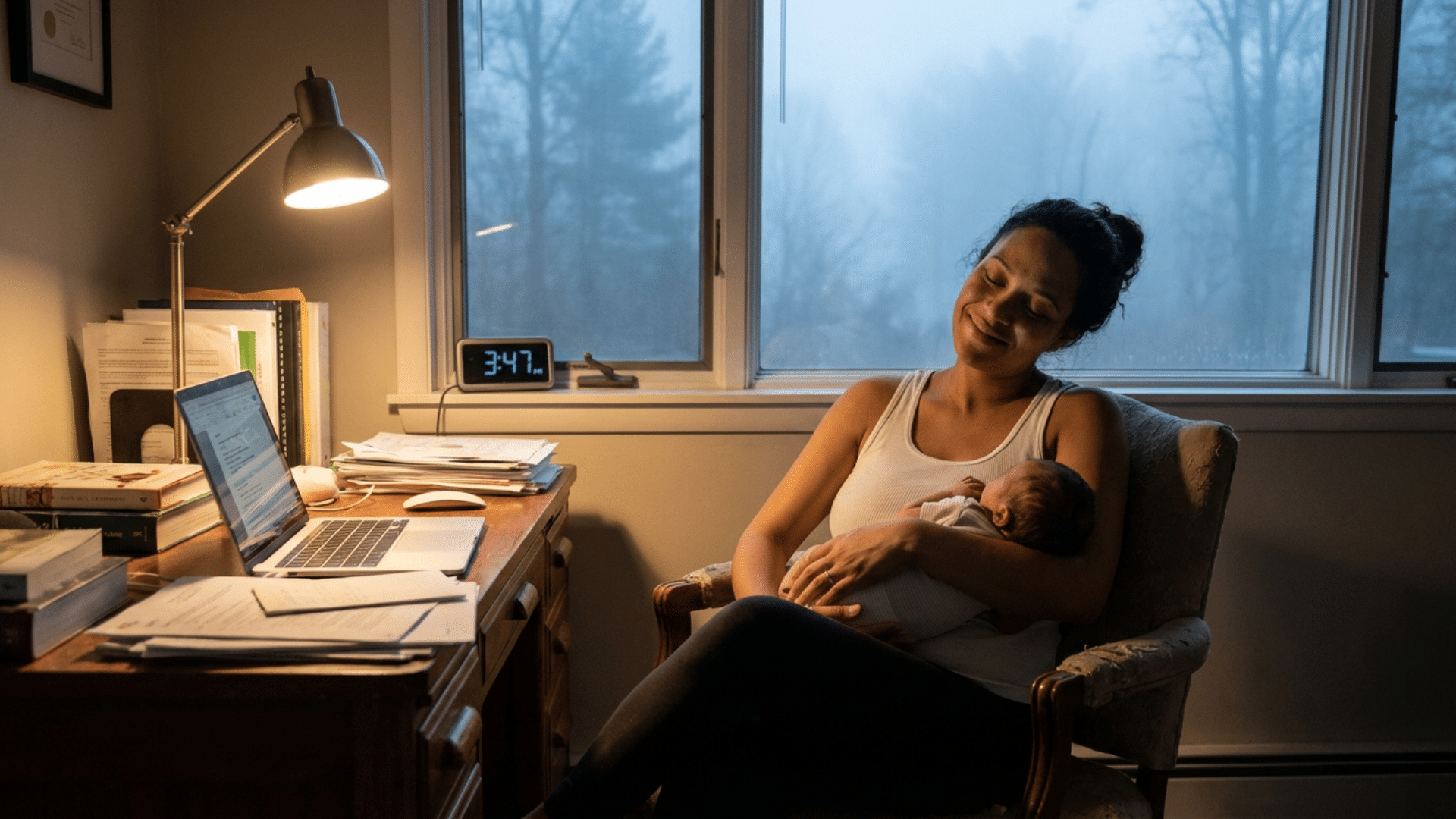 Mother holding newborn during a late-night moment at home