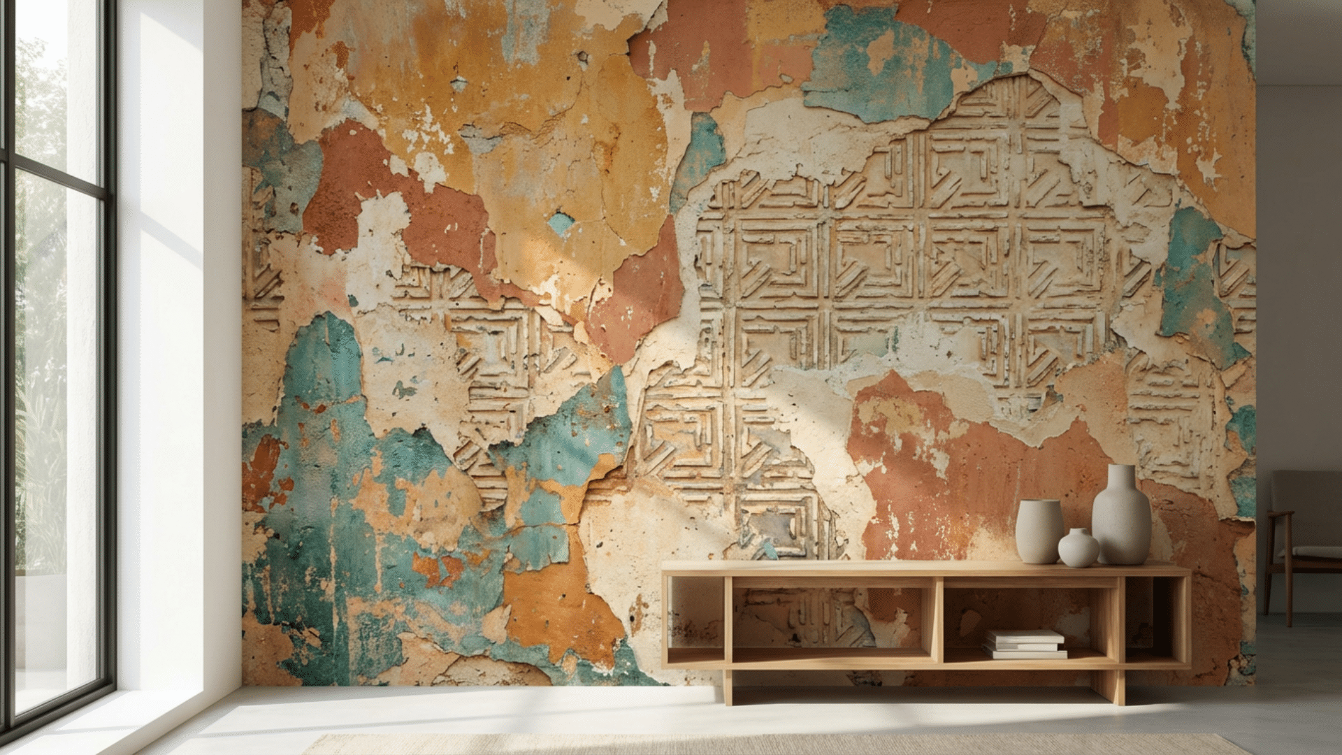 Multi-colored textured wall with layered paint finish