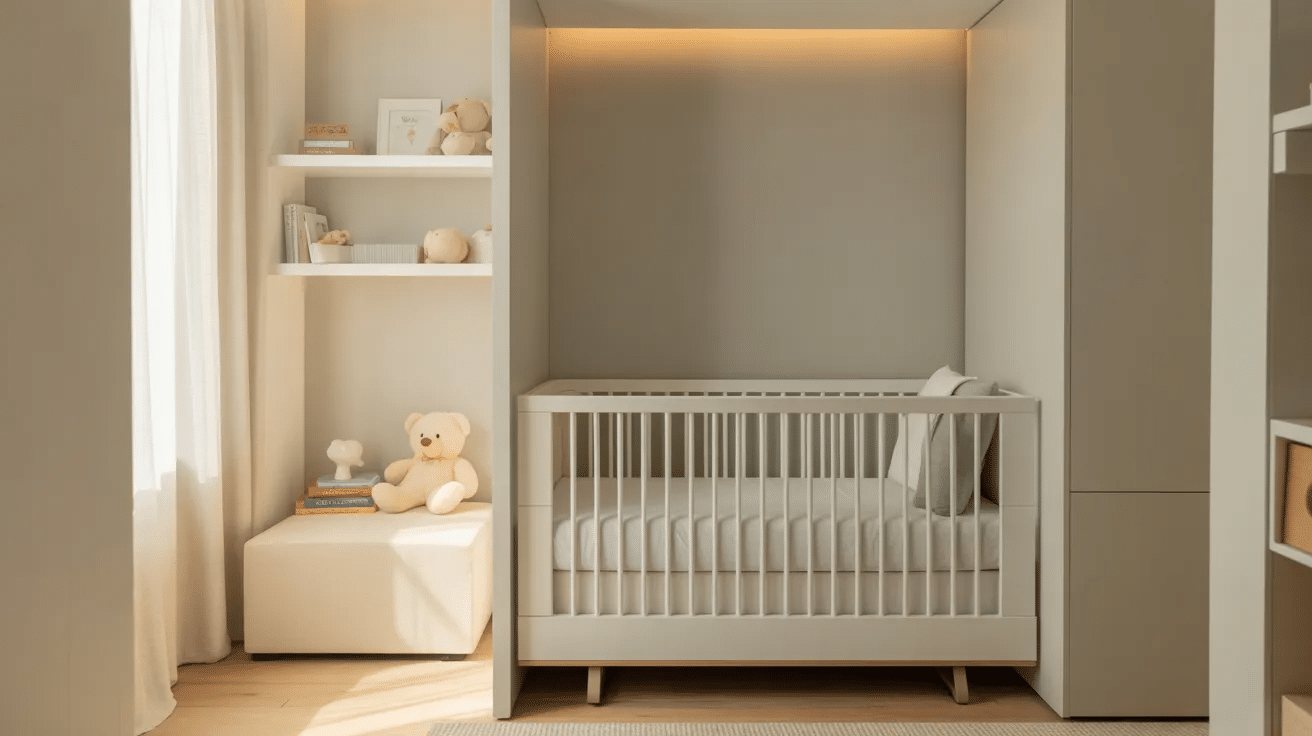 Multi-functional furniture used in small nursery.