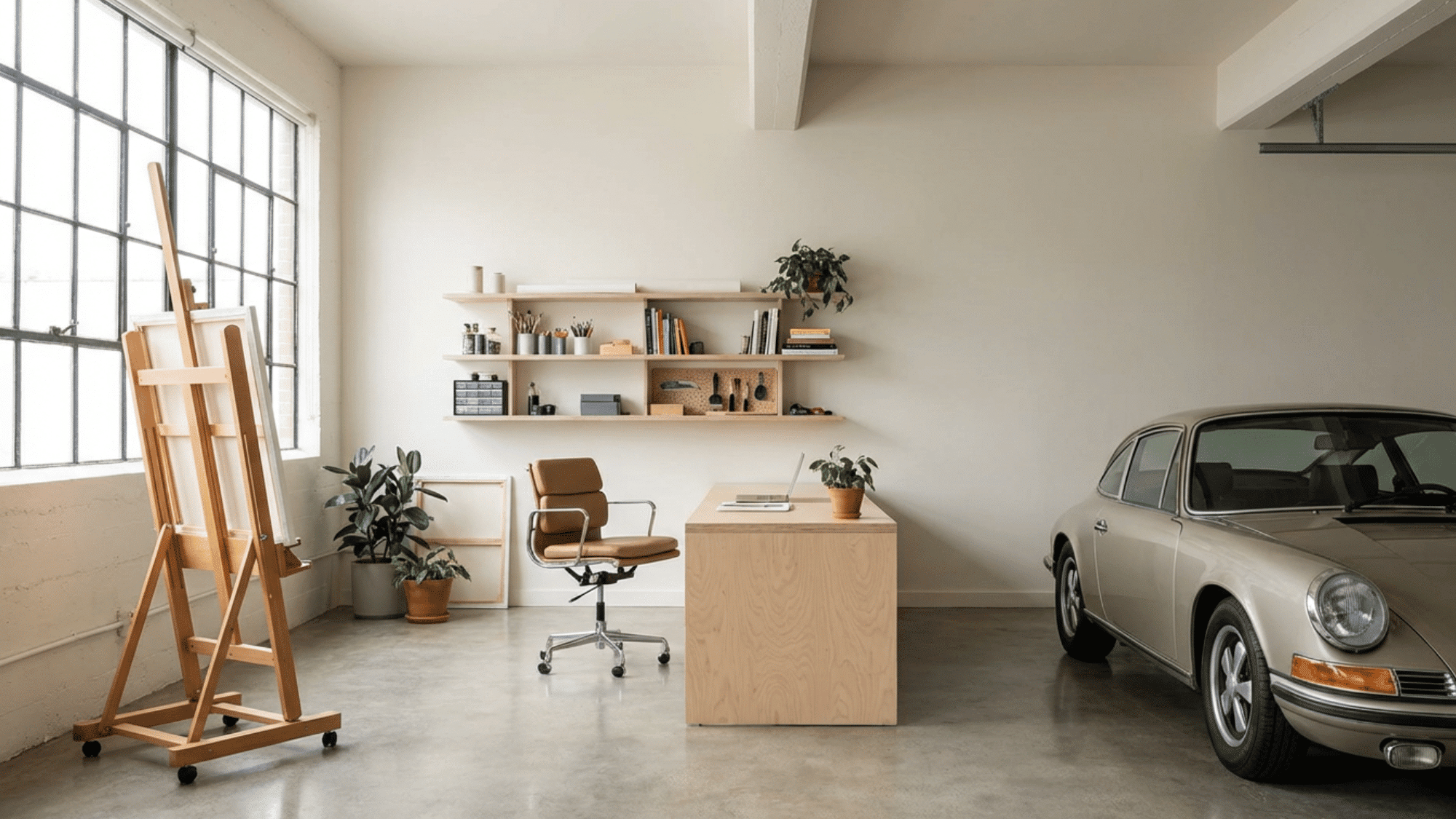 Multi-purpose garage studio with workspace and clean organized interior.