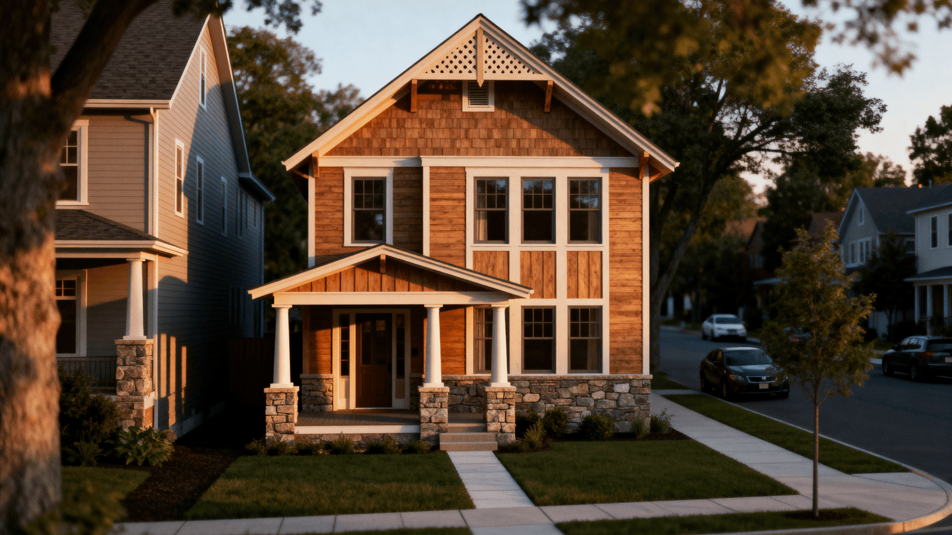 Narrow-lot Craftsman home with wood siding, stone porch base, gabled roof, small front porch, and tree-lined suburban street.