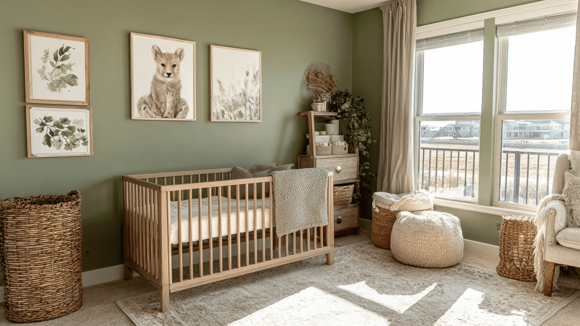 Nature-themed nursery with green walls, wooden crib, and animal decor.