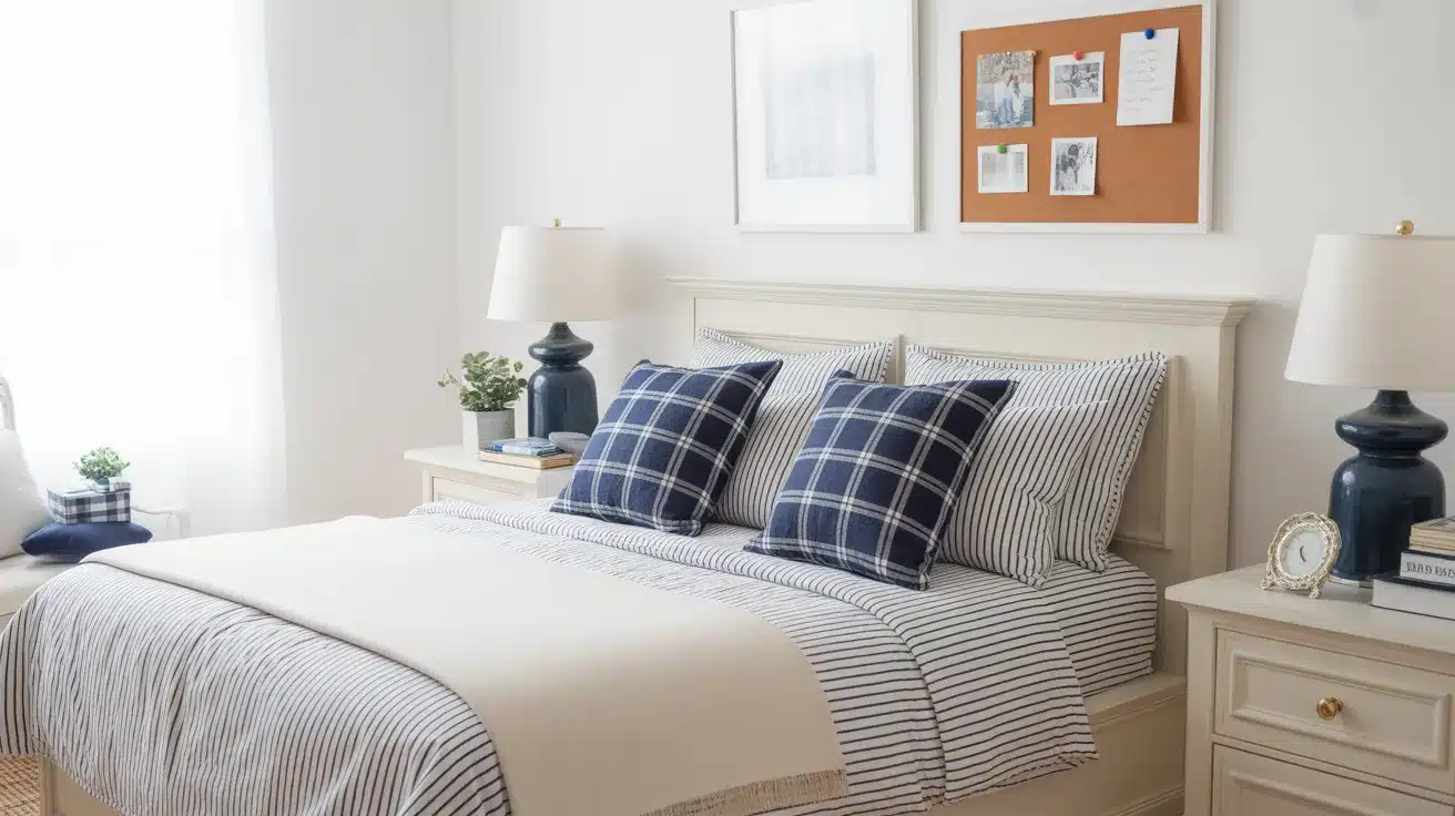 Navy striped bedding, plaid cushions, and a corkboard wall in a clean and cheerful preppy aesthetic room idea