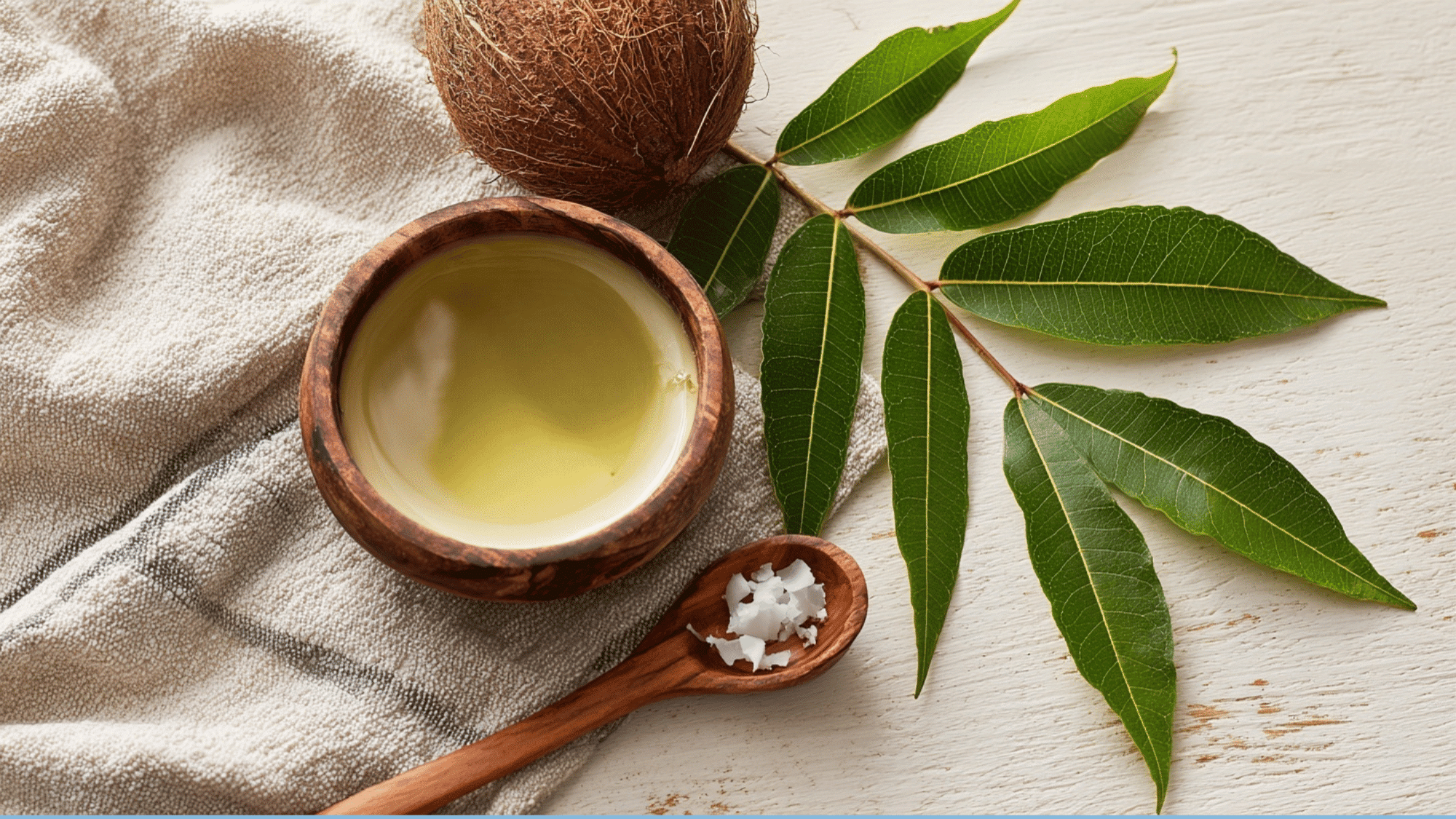 Neem oil and coconut oil mixture for natural mosquito repellent on a simple wooden table.