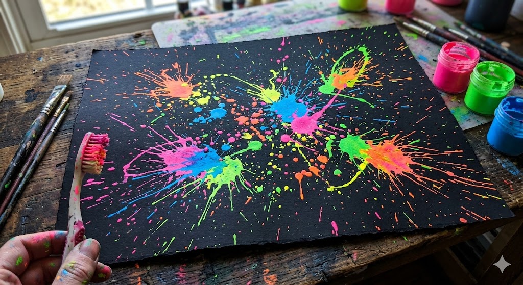 Neon paint explosions on a black paper background, created by flicking paint off the bristles of a toothbrush