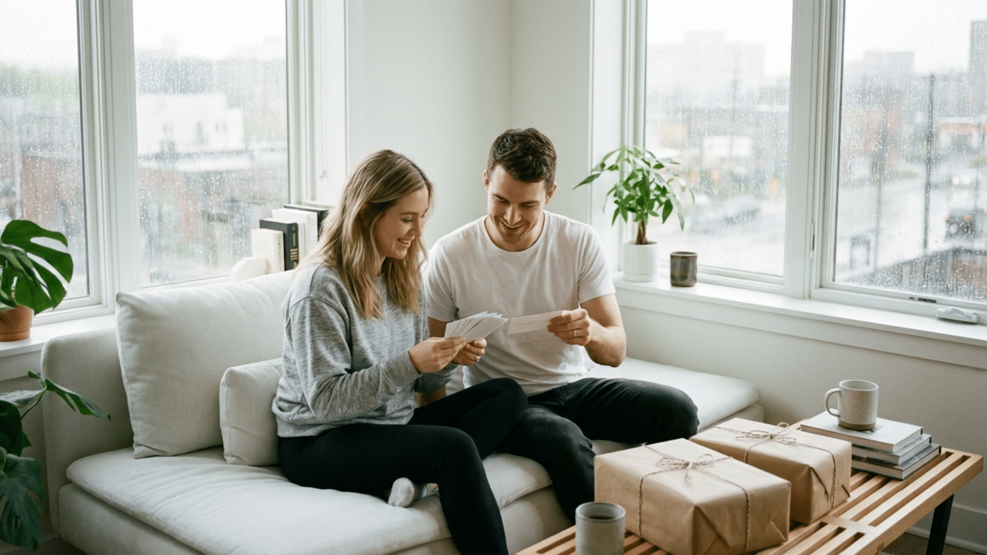 New parents reading baby shower advice cards after their celebration