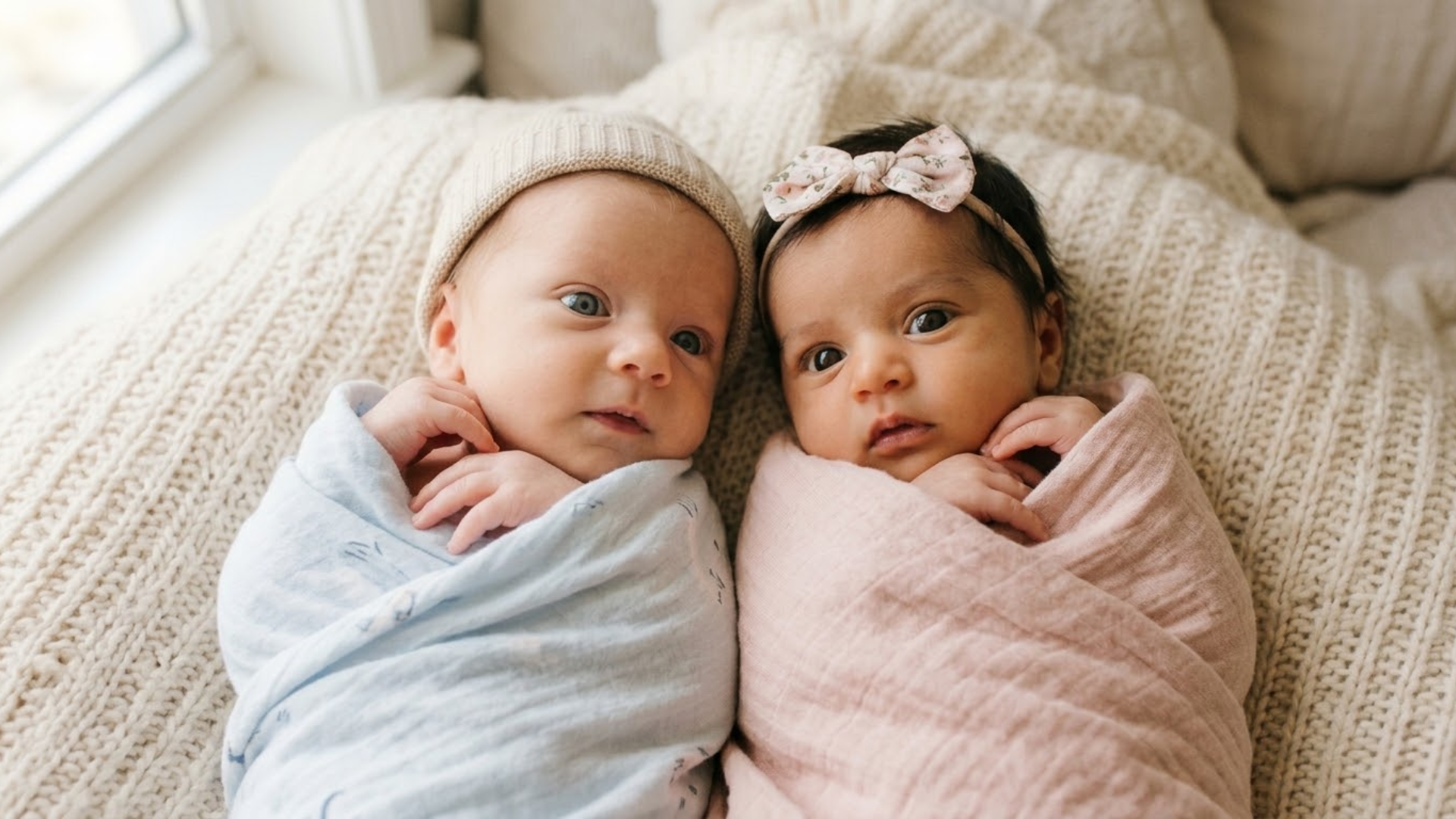Newborn babies showing different eye colors at birth including blue-gray and dark brown