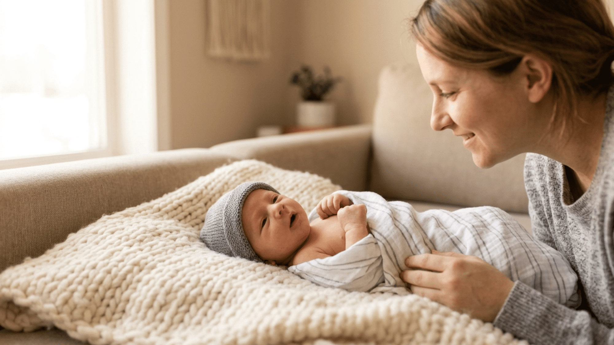 Newborn baby lying calmly while hiccuping with parent watching nearby