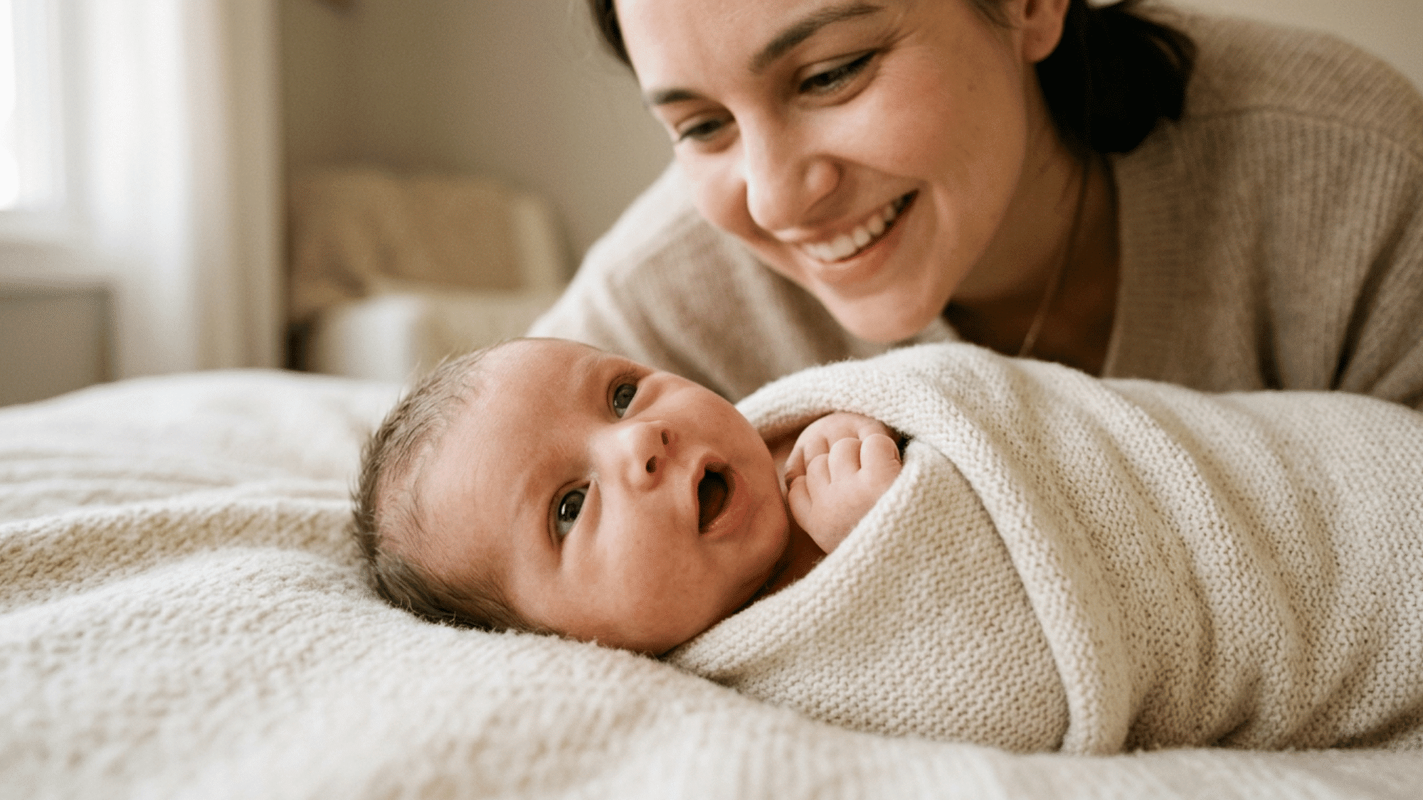 Newborn baby making soft cooing sound while looking at smiling parent
