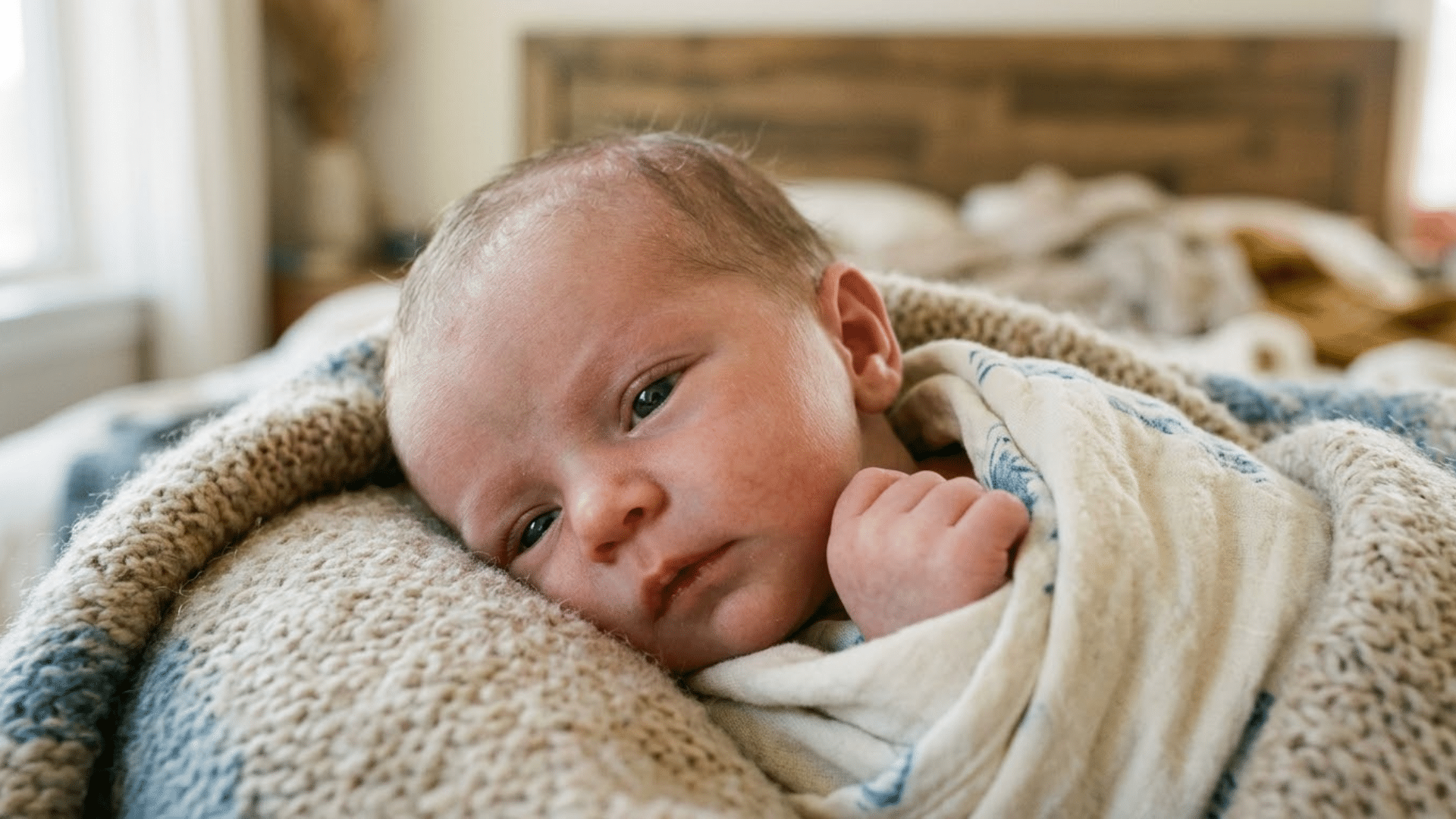 Newborn baby with soft blue-gray eyes under natural light showing early eye color variation