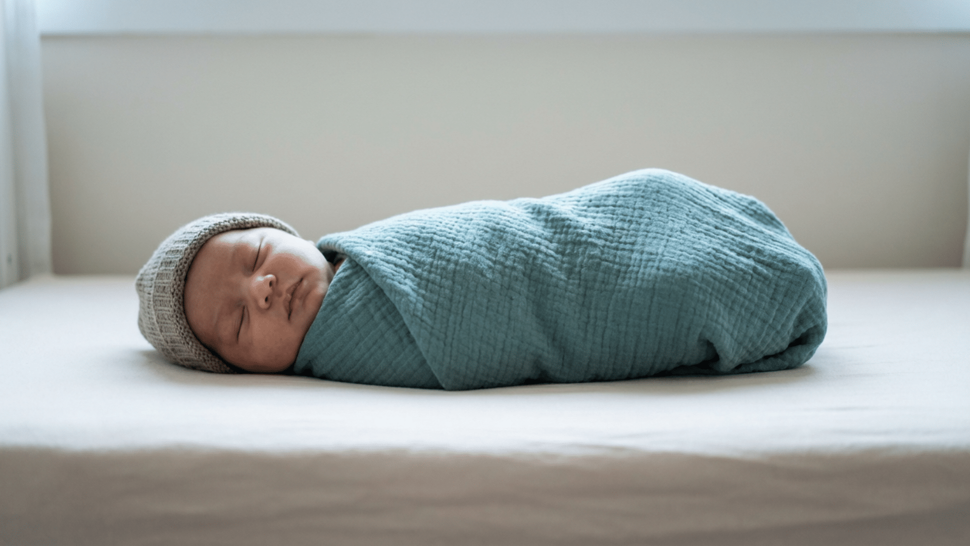 Newborn baby wrapped in a swaddle blanket for sleep