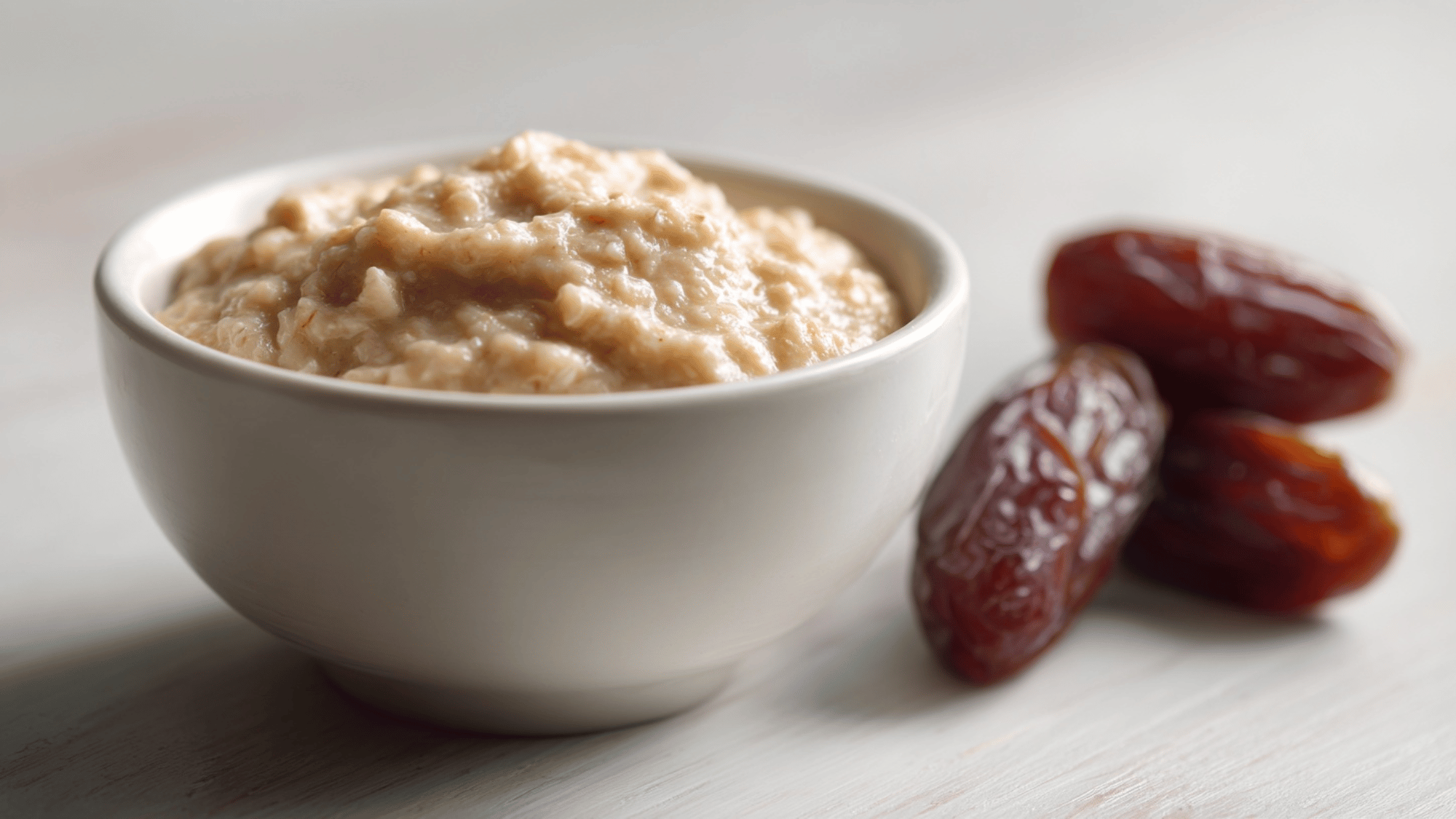 Oatmeal with date puree in a baby bowl on a clean surface