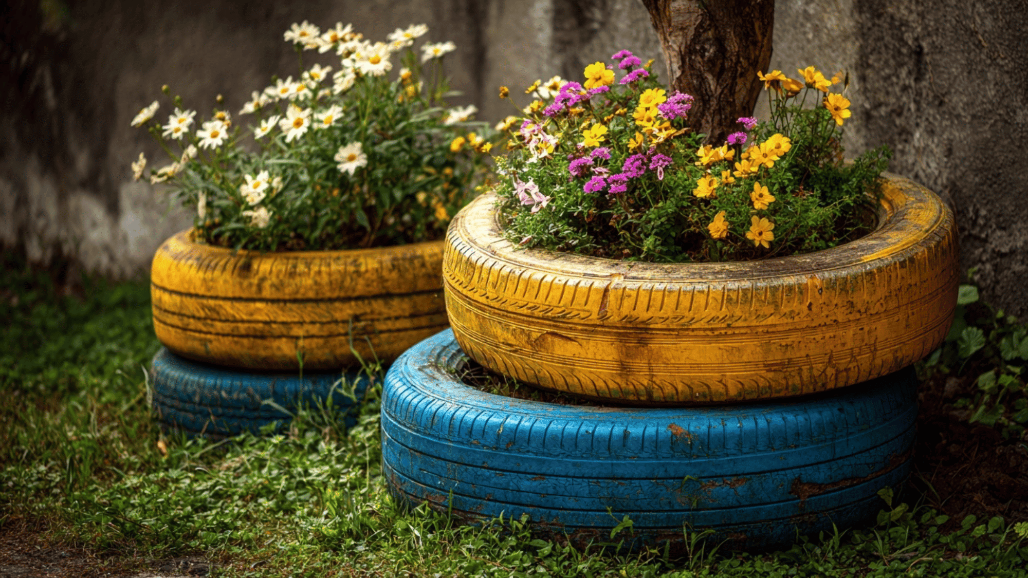 Old painted tires used as planters filled with colorful flowers in a garden