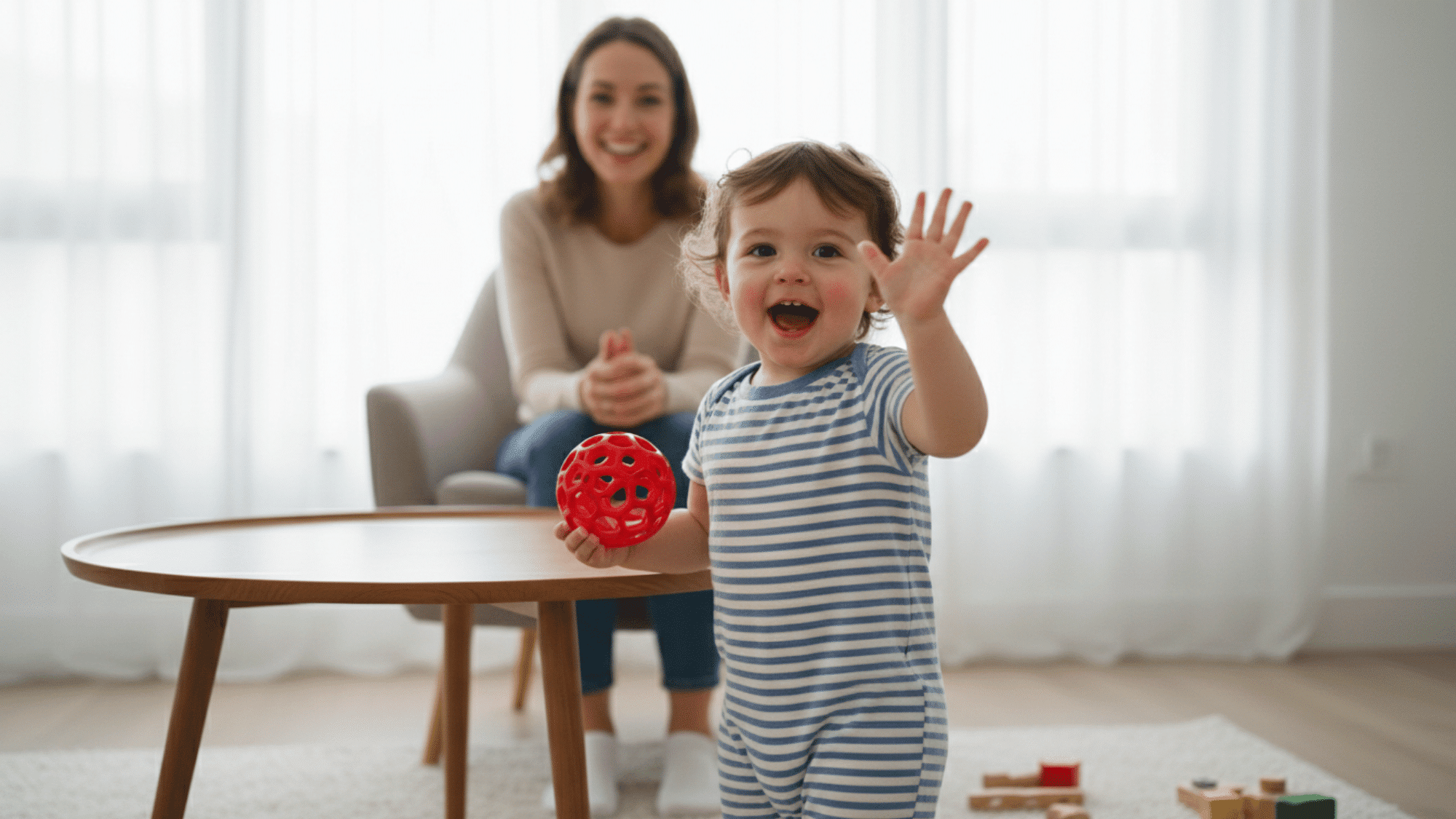 One-year-old waving and holding toy during early speech milestone stage.
