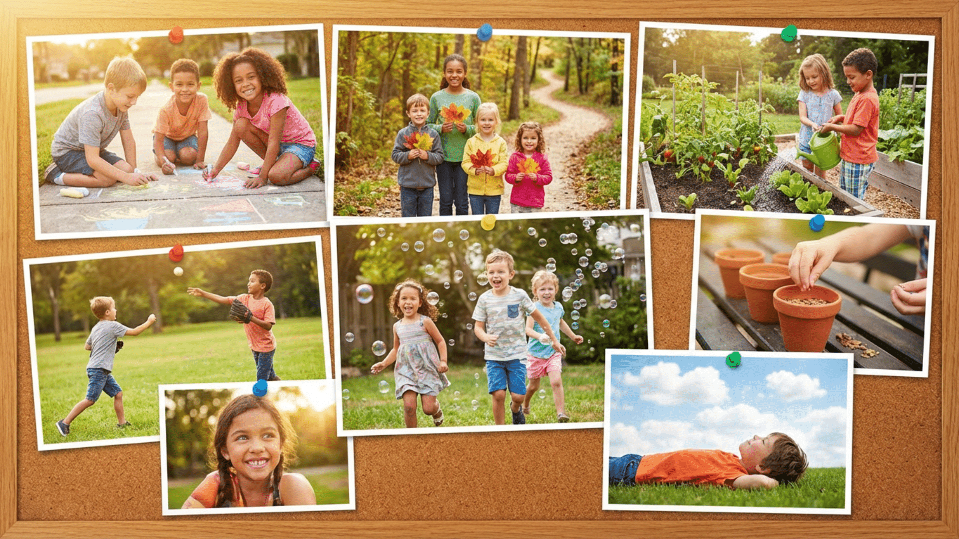 Outdoor activities for toddlers like chalk drawing, nature walks, gardening, and bubble play