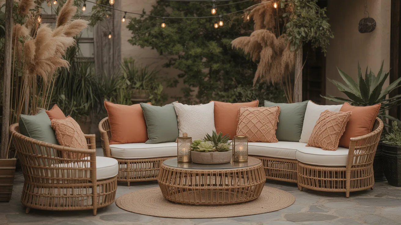 Outdoor space with woven furniture and cushions for a relaxed boho look