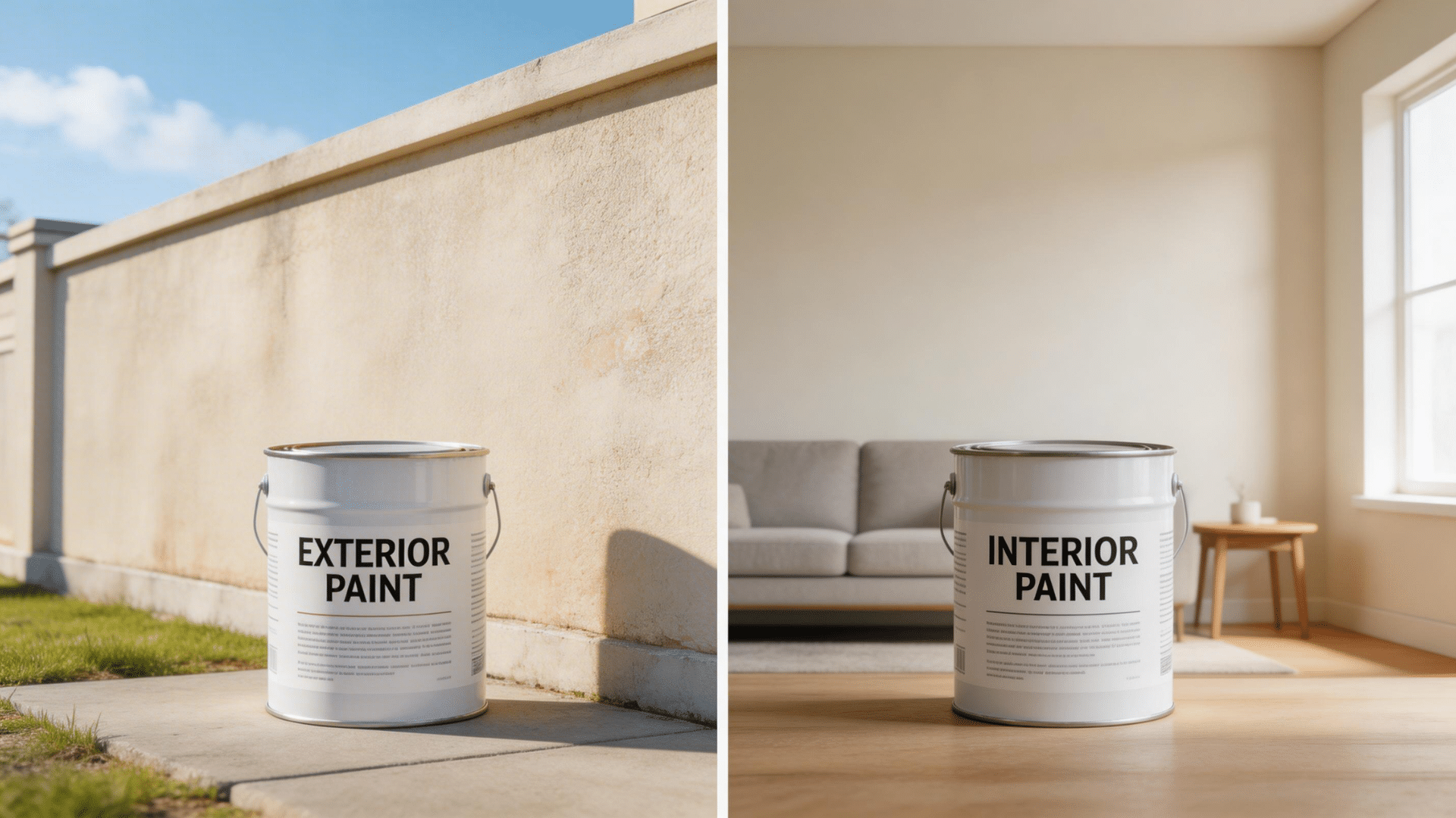 Outdoor wall with exterior paint beside smooth indoor wall with interior paint comparison scene