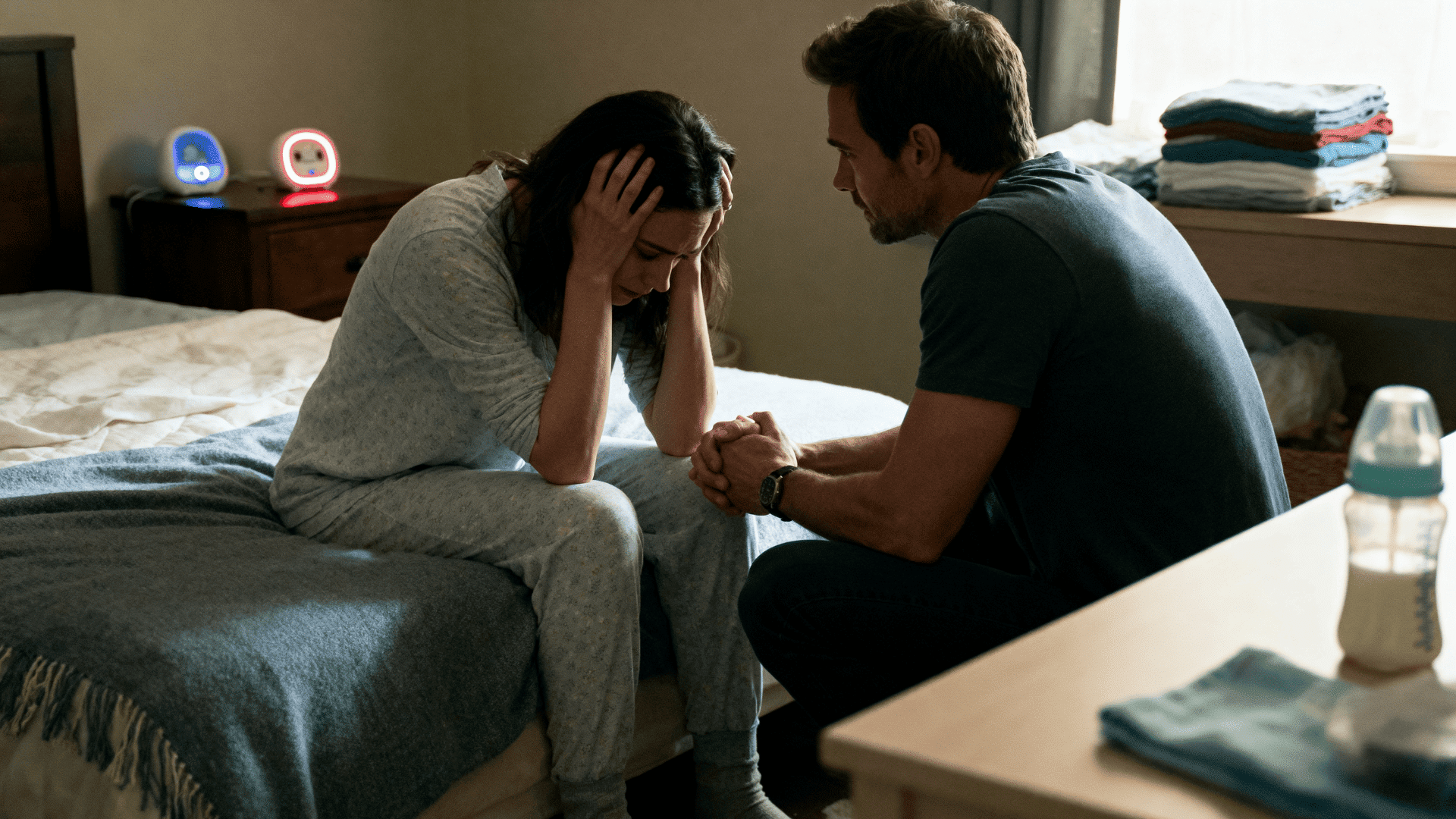 Overwhelmed mother sits on bed holding her head while partner gently supports her