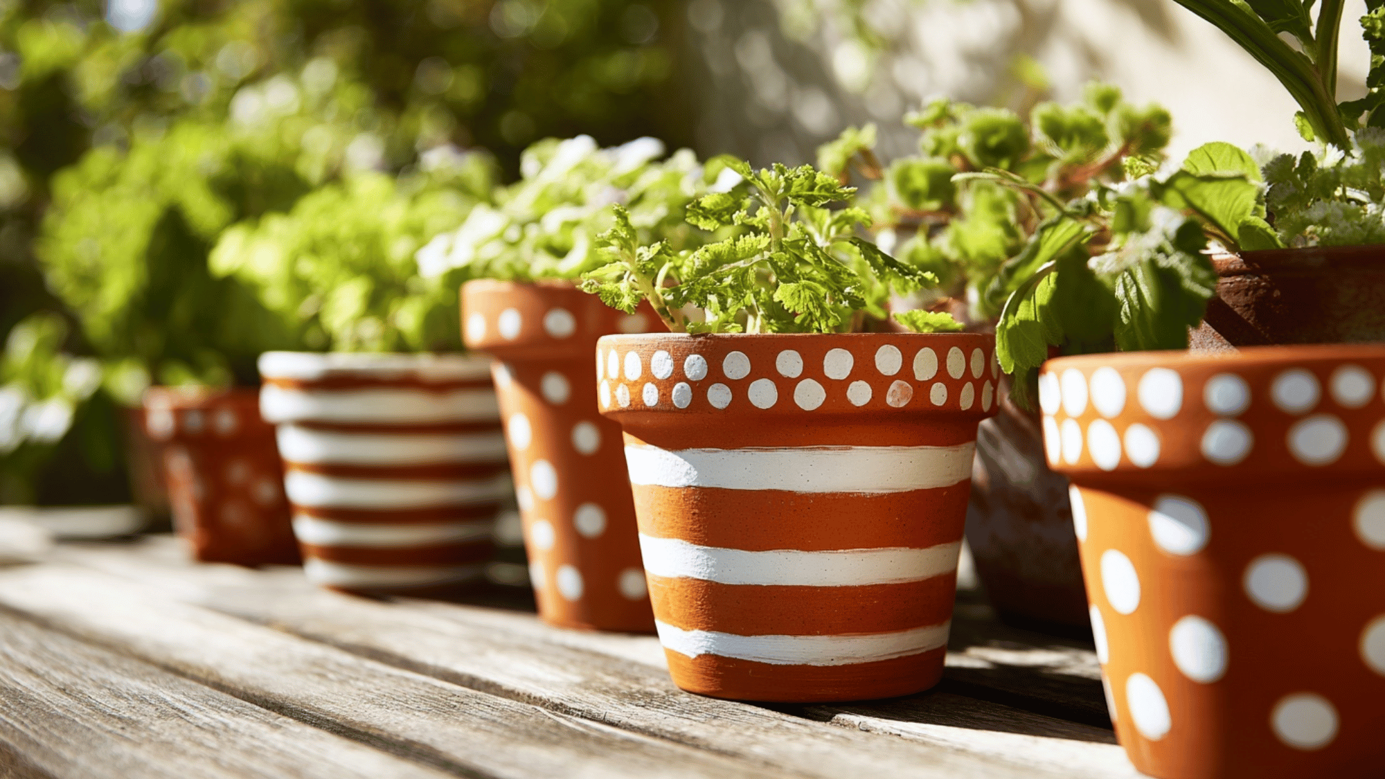 Painted flower pots with simple colorful designs placed in a neat garden setup