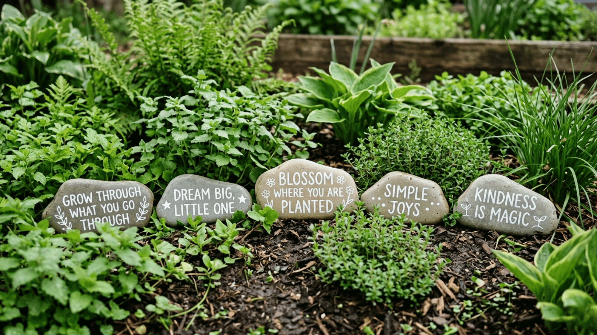 Painted garden stones with simple quotes placed among plants