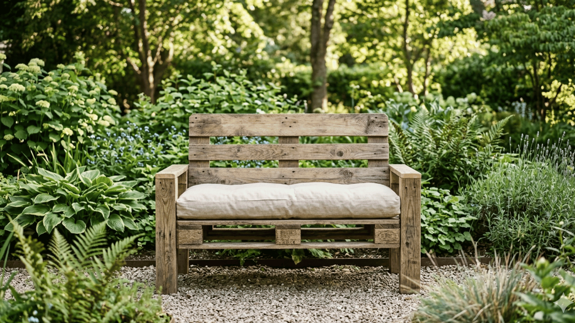 Pallet garden bench with cushion placed in a simple outdoor garden