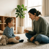 Parent calmly explaining discipline to child in a peaceful home setting
