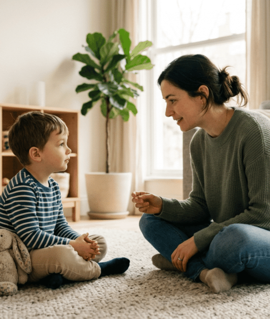 Parent calmly explaining discipline to child in a peaceful home setting