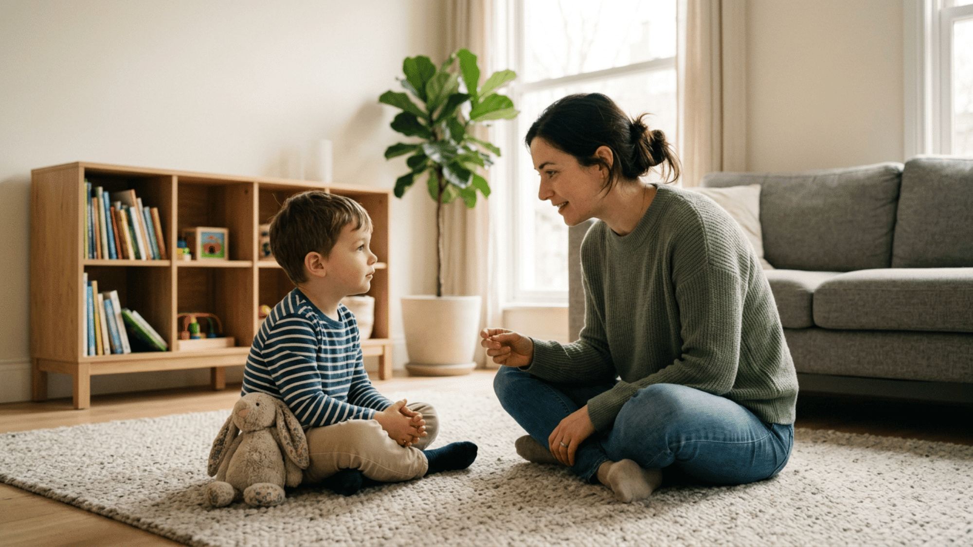 Parent calmly explaining discipline to child in a peaceful home setting