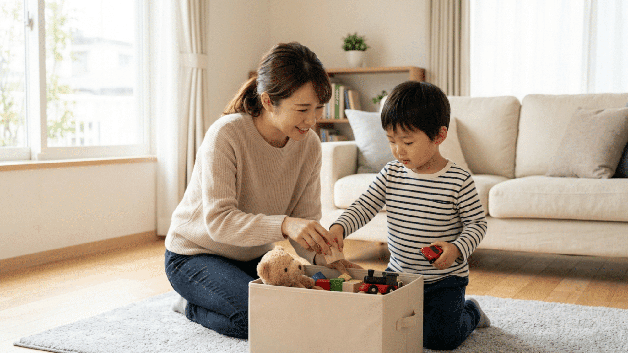 Parent calmly guiding child to clean toys using positive discipline
