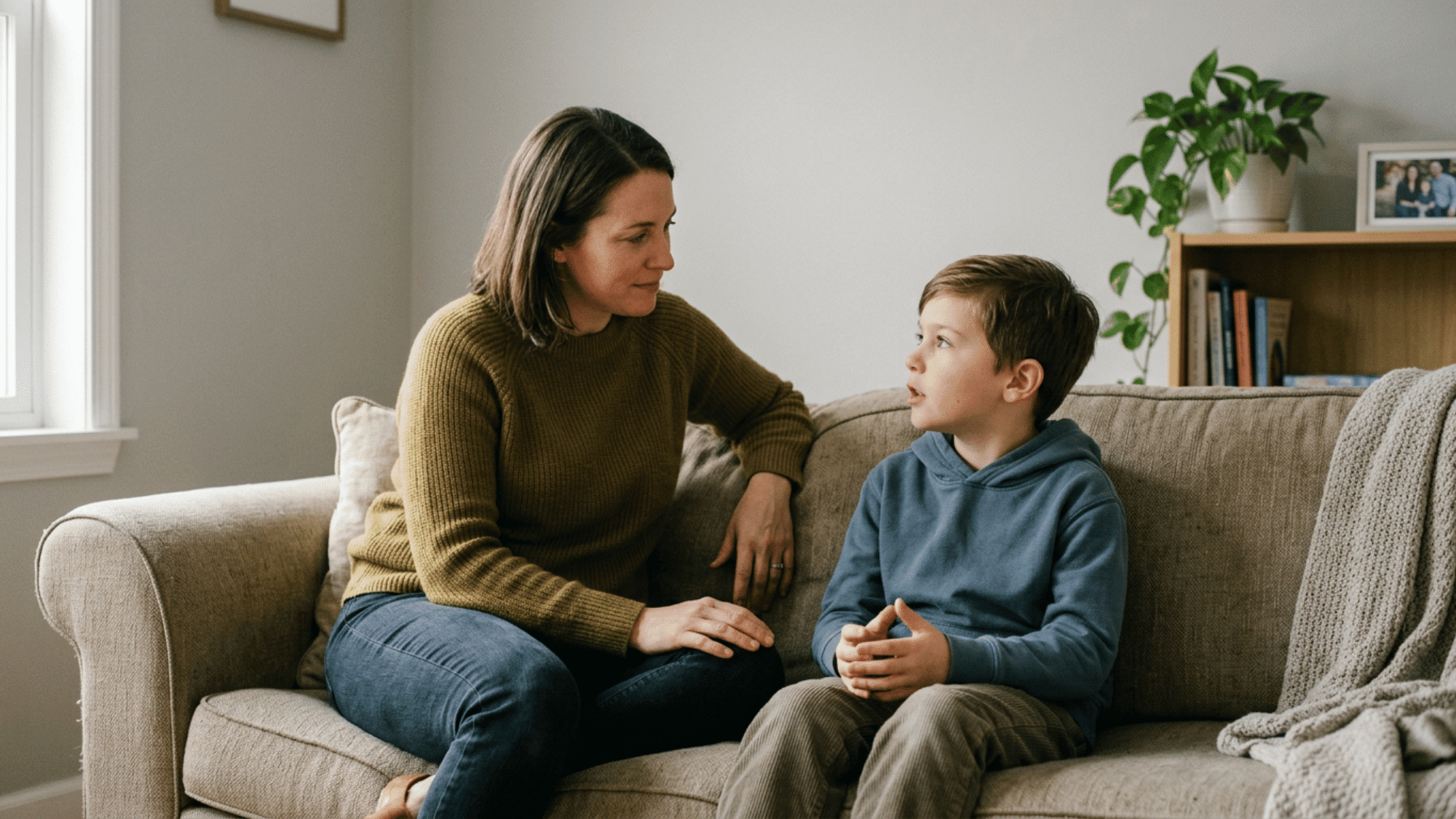 Parent calmly talking with child to solve behavior problems