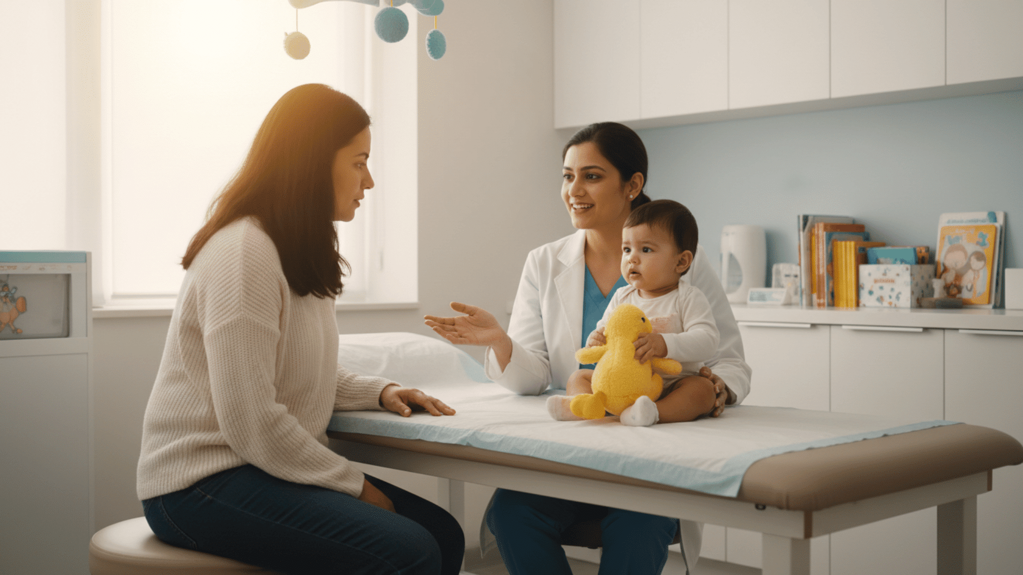 _Parent discussing baby speech development with pediatrician during visit.