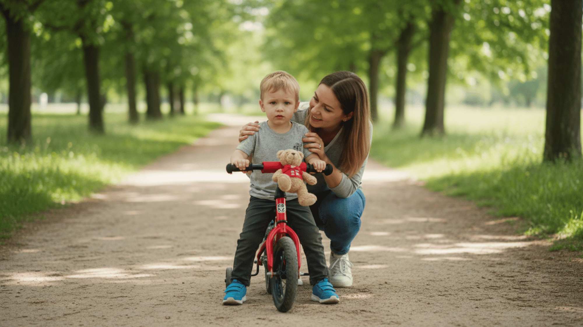 Parent encouraging a child who feels unsure while learning to ride a bike.