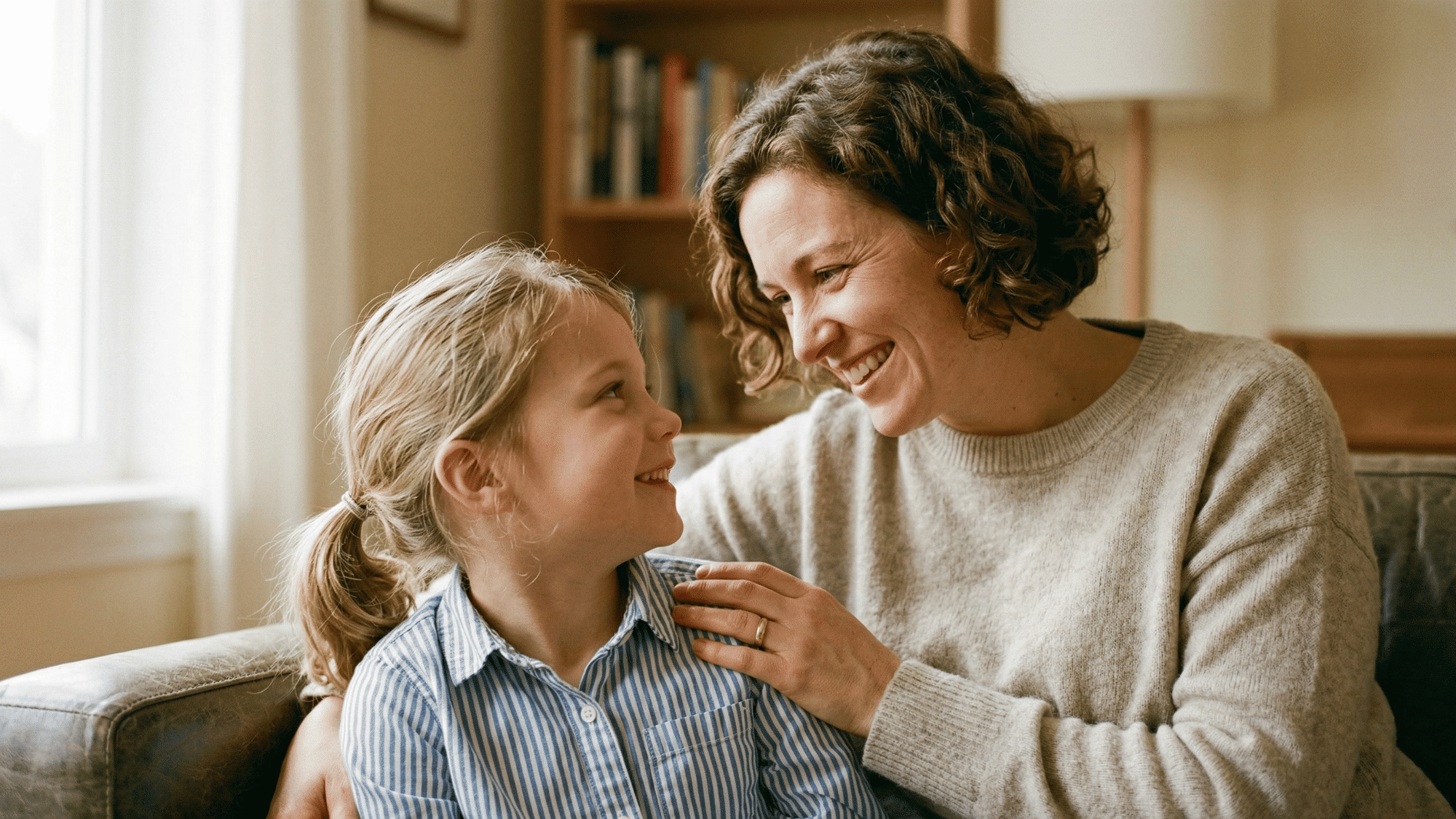 Parent encouraging child with supportive smile at home.