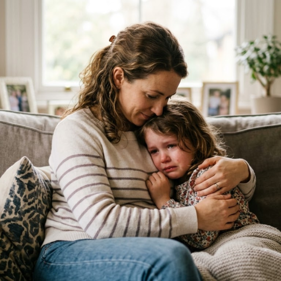 Parent gently comforting a child who looks upset, sitting together on a couch
