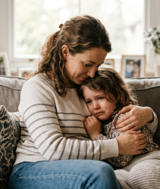 Parent gently comforting a child who looks upset, sitting together on a couch